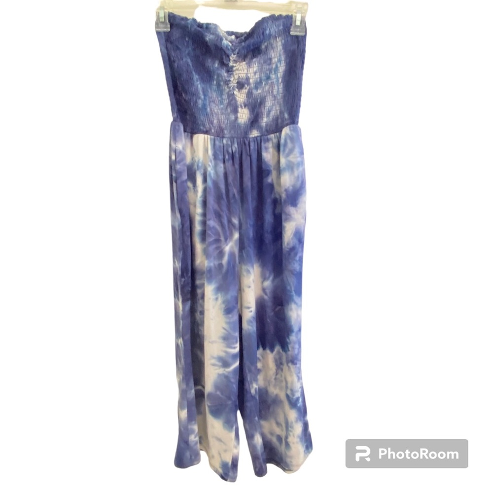 J For Justify Blue Tie Dye Jumpsuit, Strapless Halter Top, Wide Leg Capri Pants